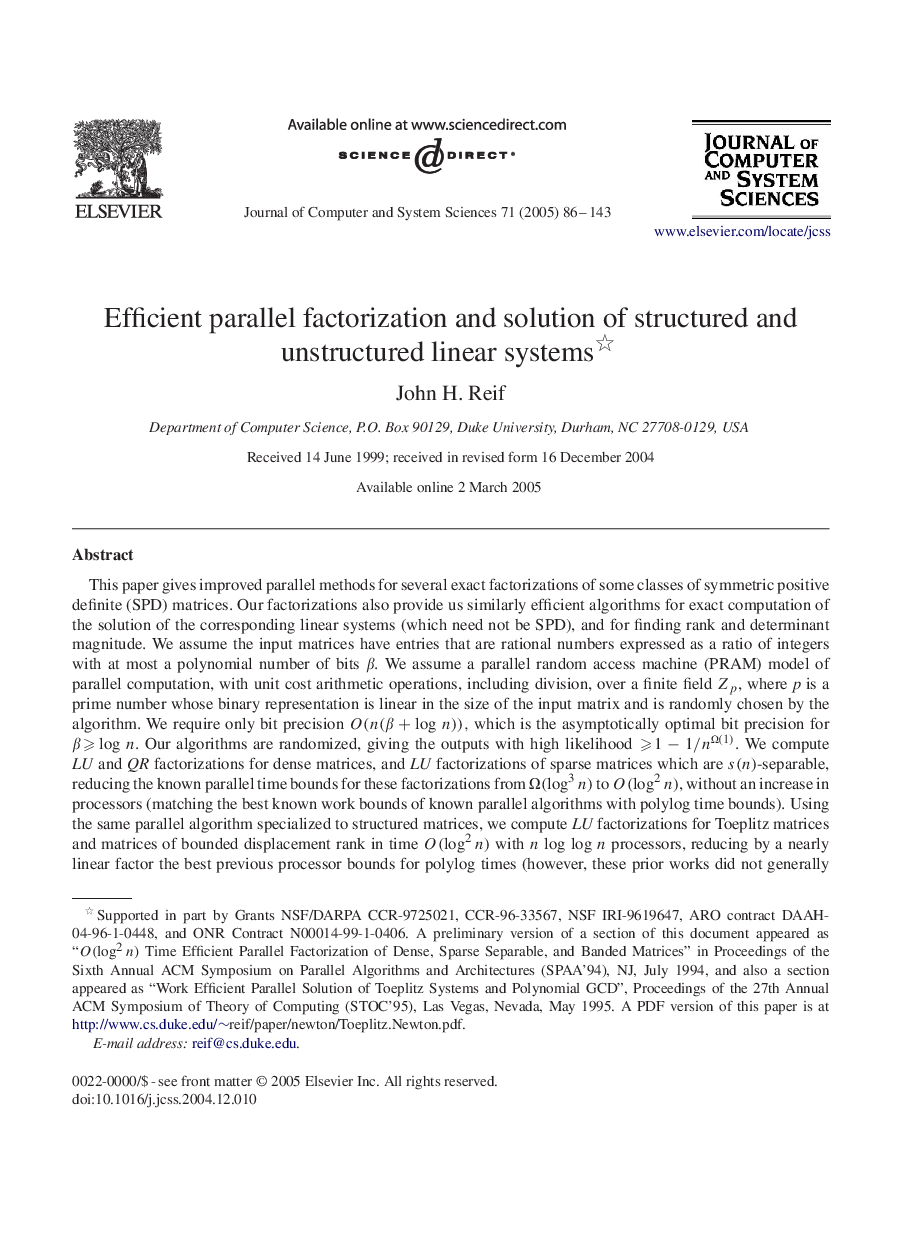 Efficient parallel factorization and solution of structured and unstructured linear systems