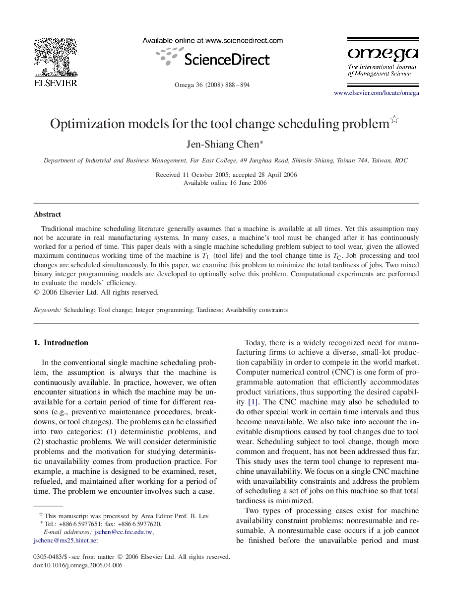 Optimization models for the tool change scheduling problem 