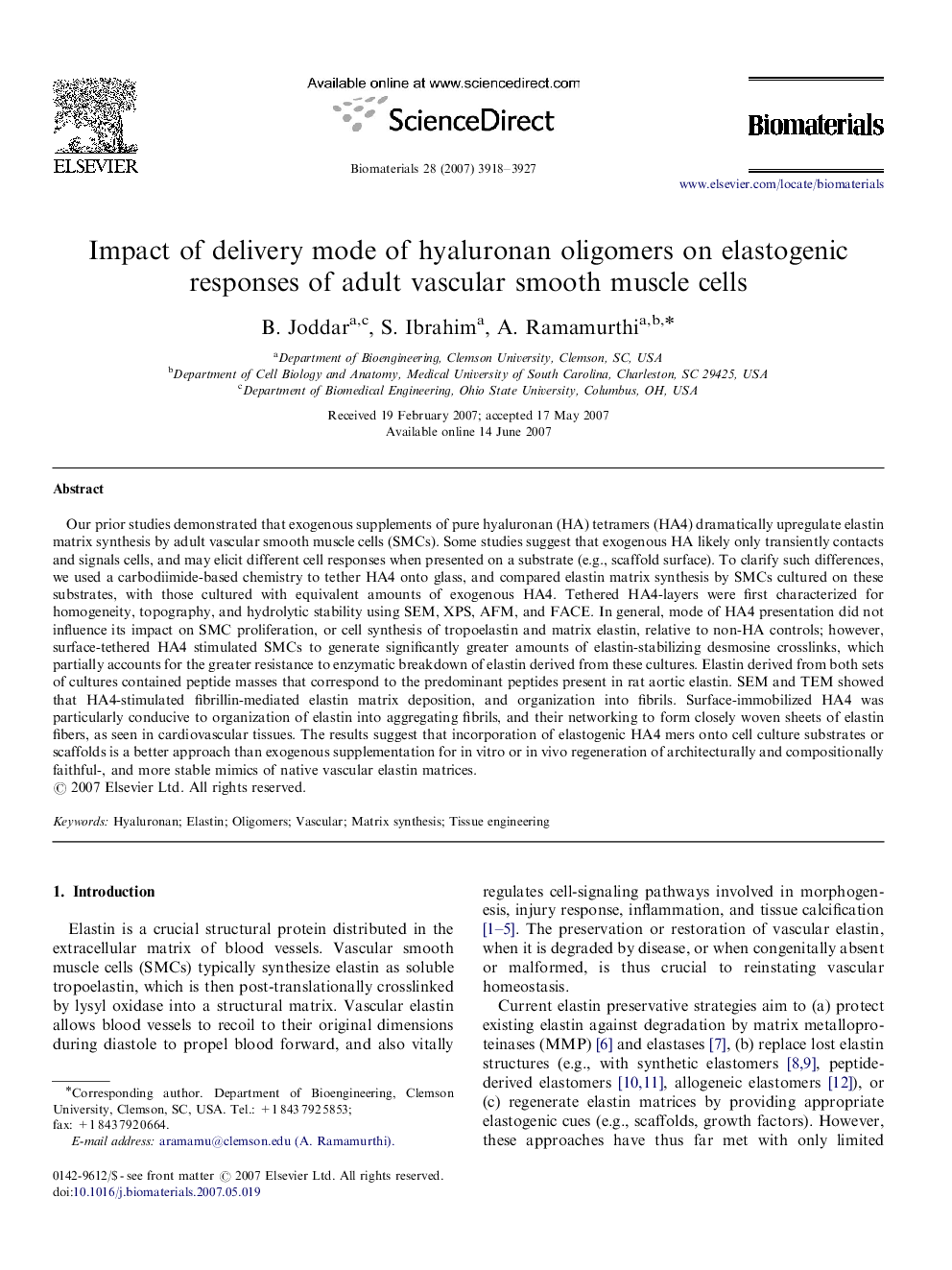 Impact of delivery mode of hyaluronan oligomers on elastogenic responses of adult vascular smooth muscle cells