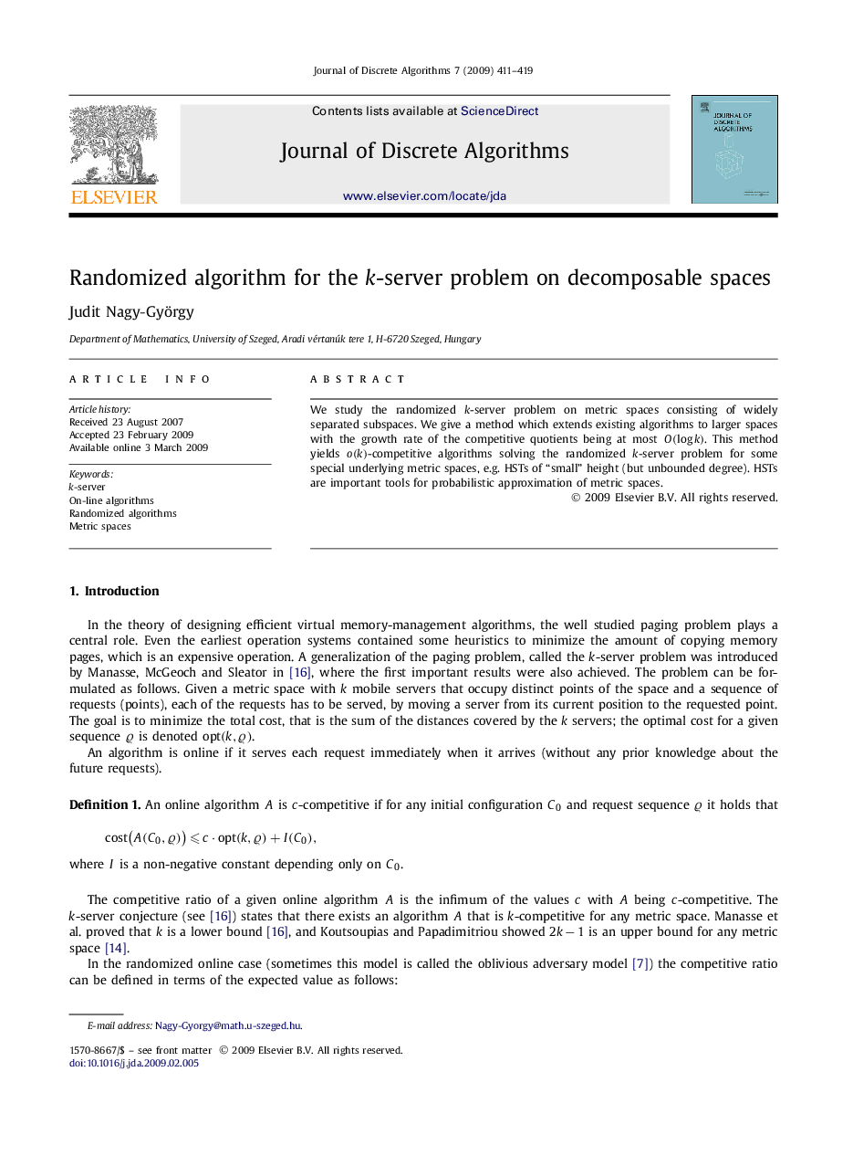 Randomized algorithm for the k-server problem on decomposable spaces