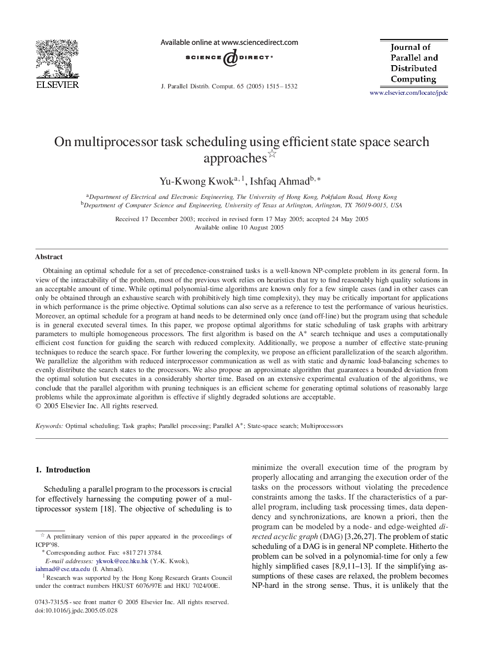 On multiprocessor task scheduling using efficient state space search approaches