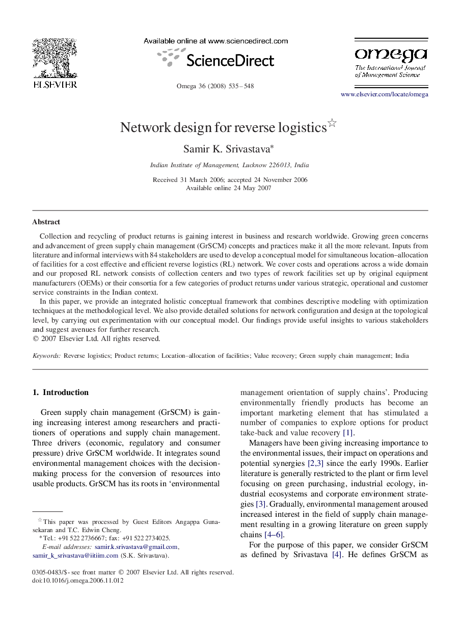 Network design for reverse logistics 