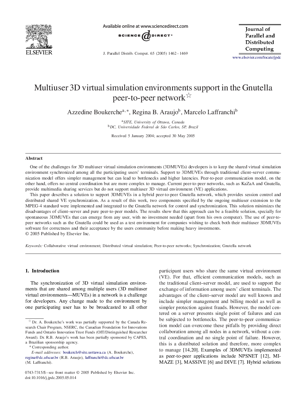 Multiuser 3D virtual simulation environments support in the Gnutella peer-to-peer network