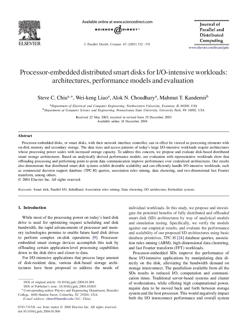 Processor-embedded distributed smart disks for I/O-intensive workloads: architectures, performance models and evaluation