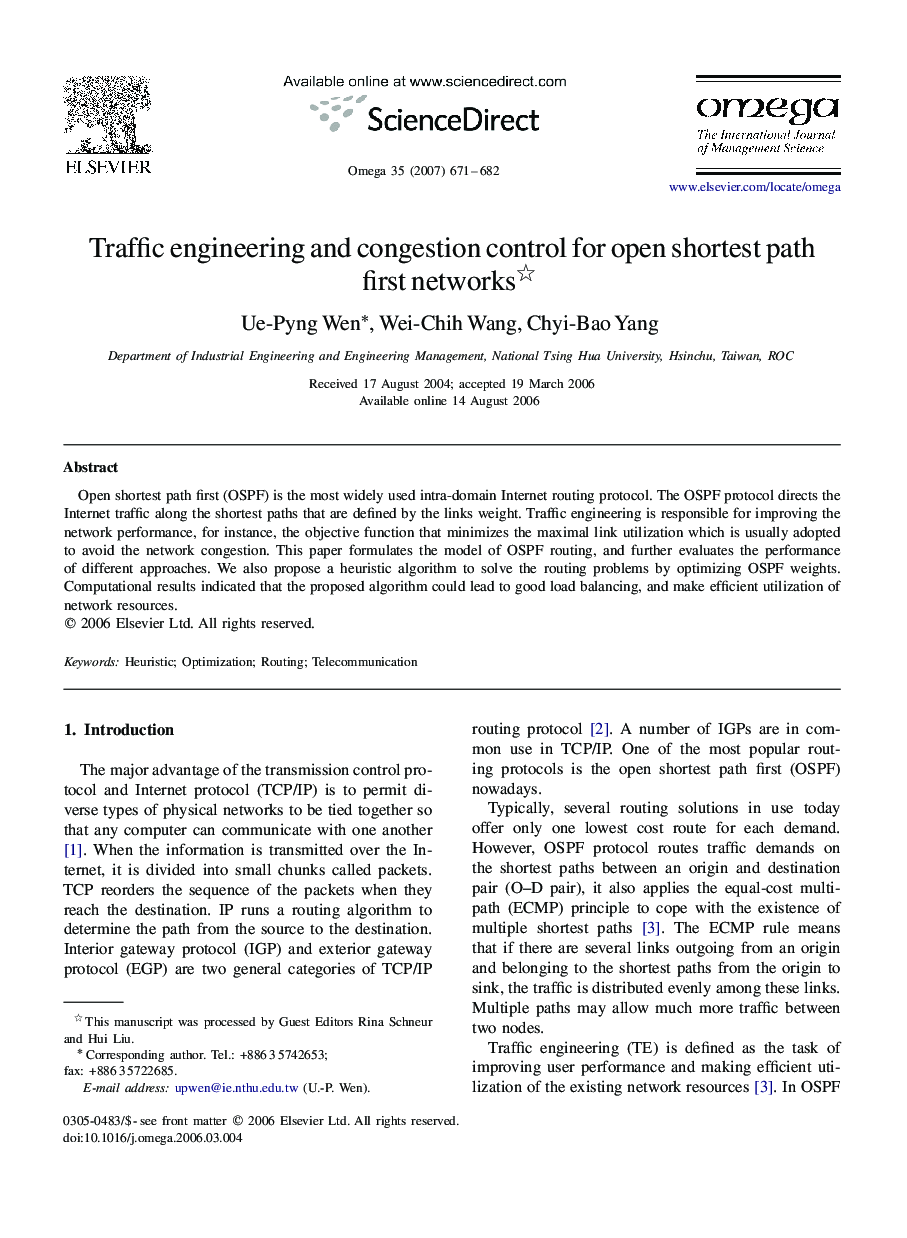 Traffic engineering and congestion control for open shortest path first networks 