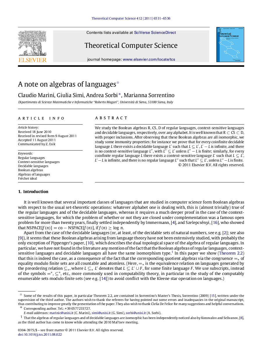 A note on algebras of languages