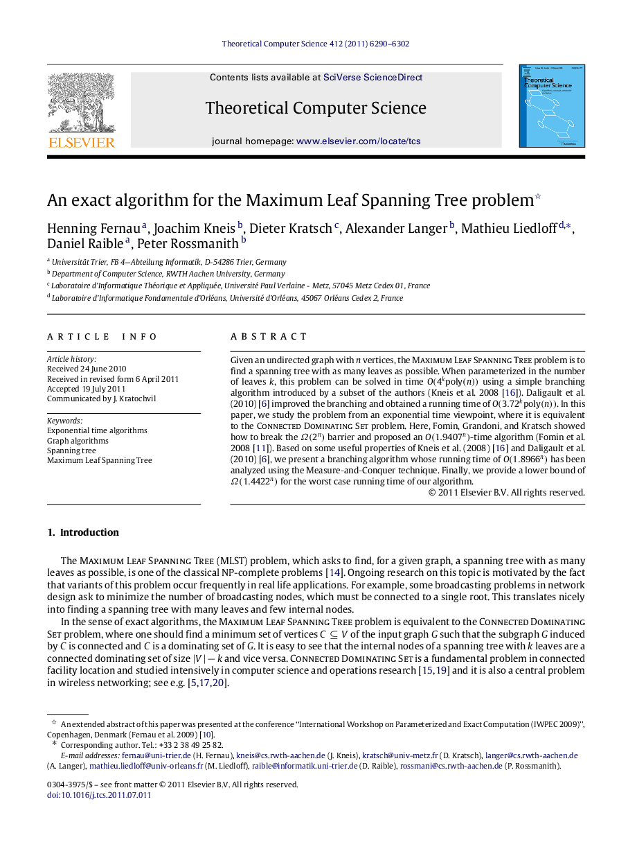 An exact algorithm for the Maximum Leaf Spanning Tree problem