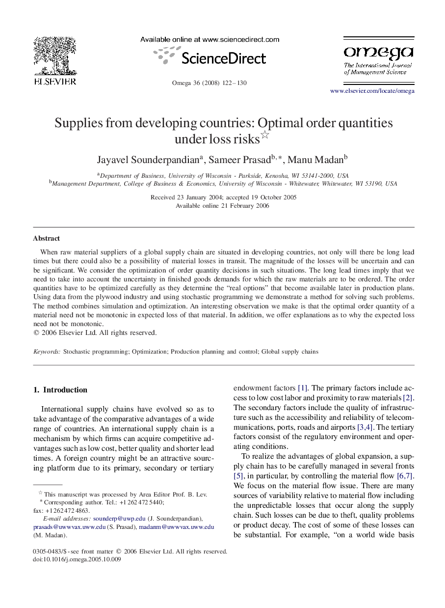 Supplies from developing countries: Optimal order quantities under loss risks