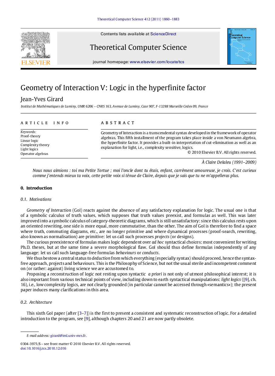 Geometry of Interaction V: Logic in the hyperfinite factor