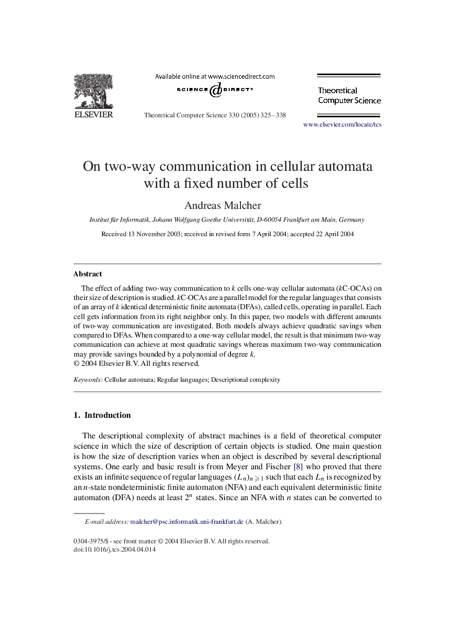 On two-way communication in cellular automata with a fixed number of cells