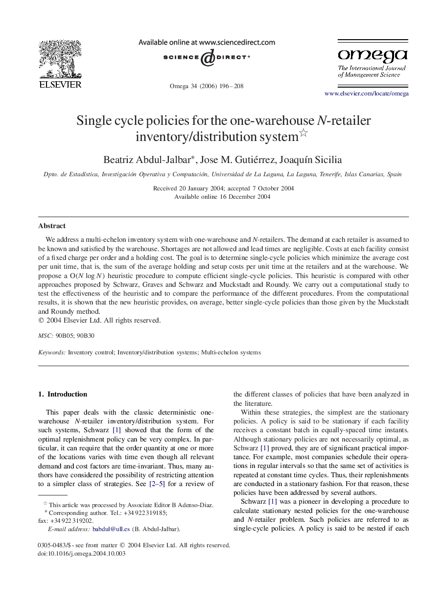 Single cycle policies for the one-warehouse N-retailer inventory/distribution system 