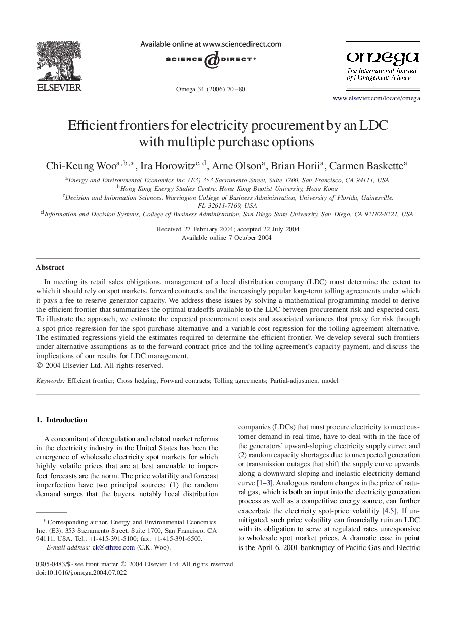 Efficient frontiers for electricity procurement by an LDC with multiple purchase options