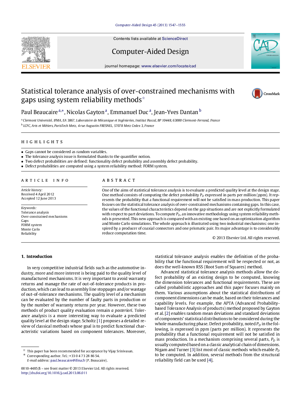 Statistical tolerance analysis of over-constrained mechanisms with gaps using system reliability methods