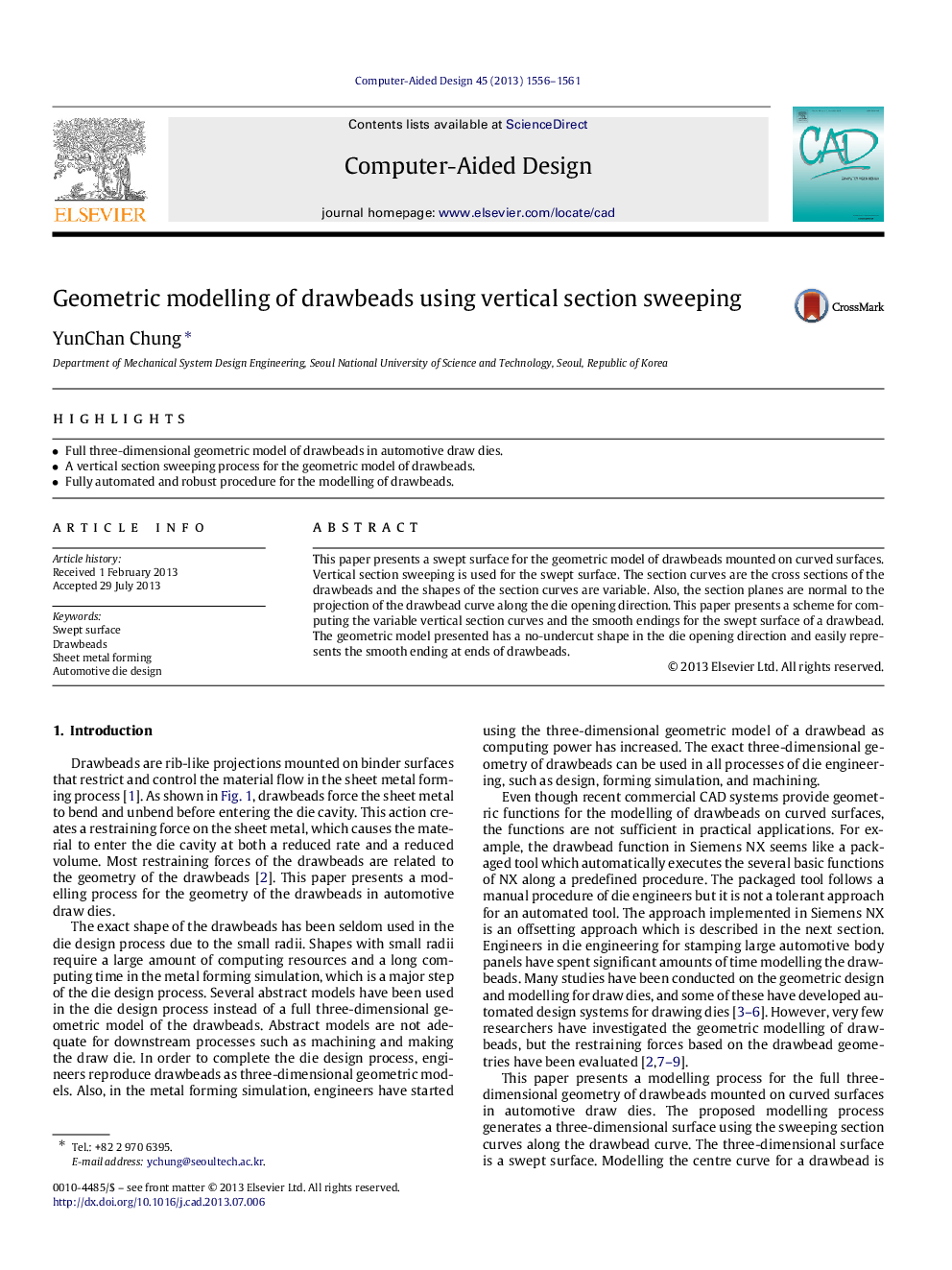 Geometric modelling of drawbeads using vertical section sweeping