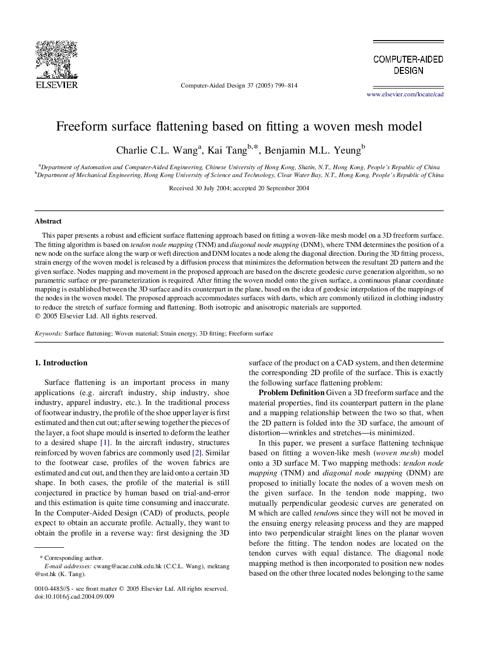 Freeform surface flattening based on fitting a woven mesh model