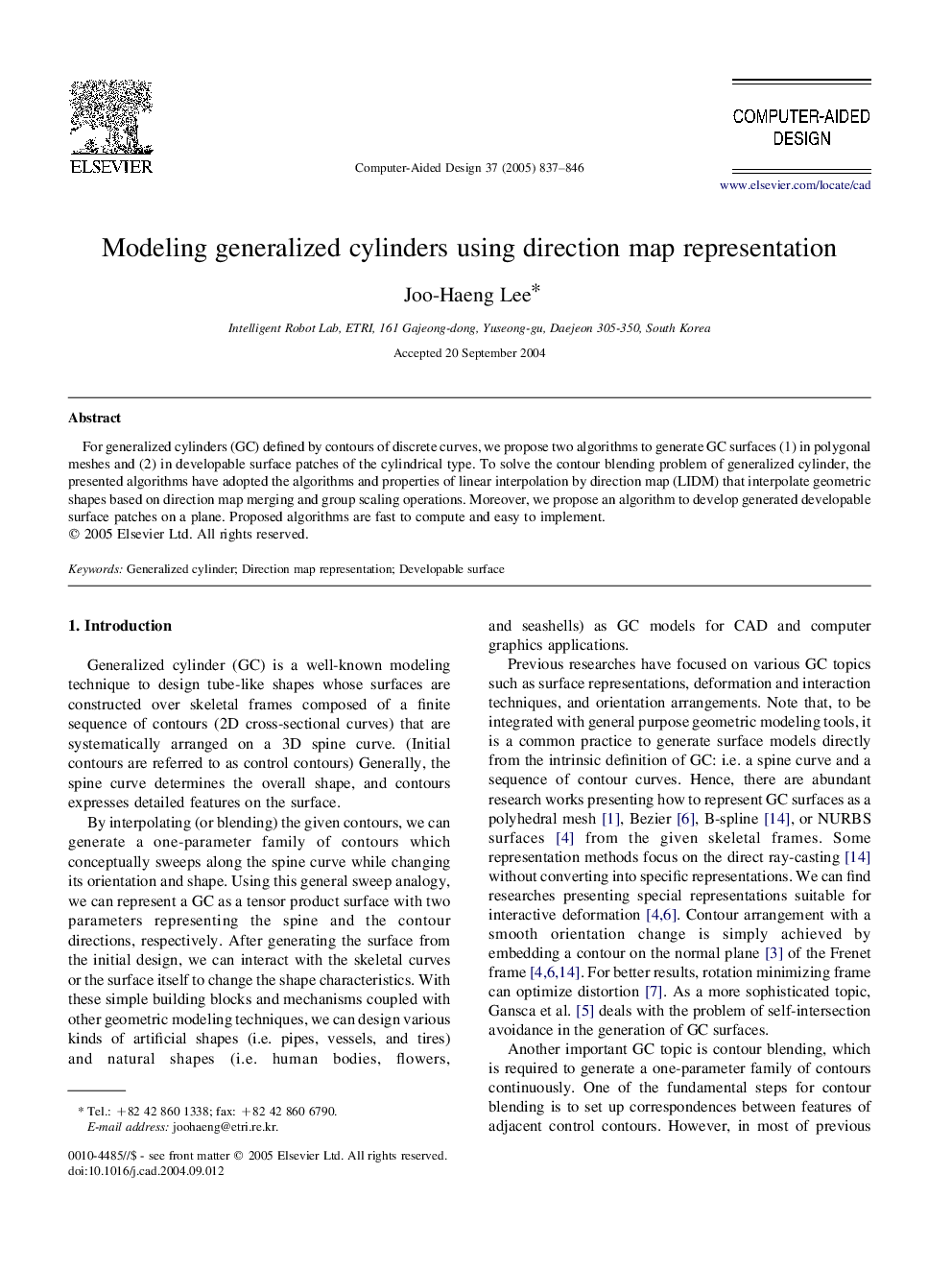 Modeling generalized cylinders using direction map representation