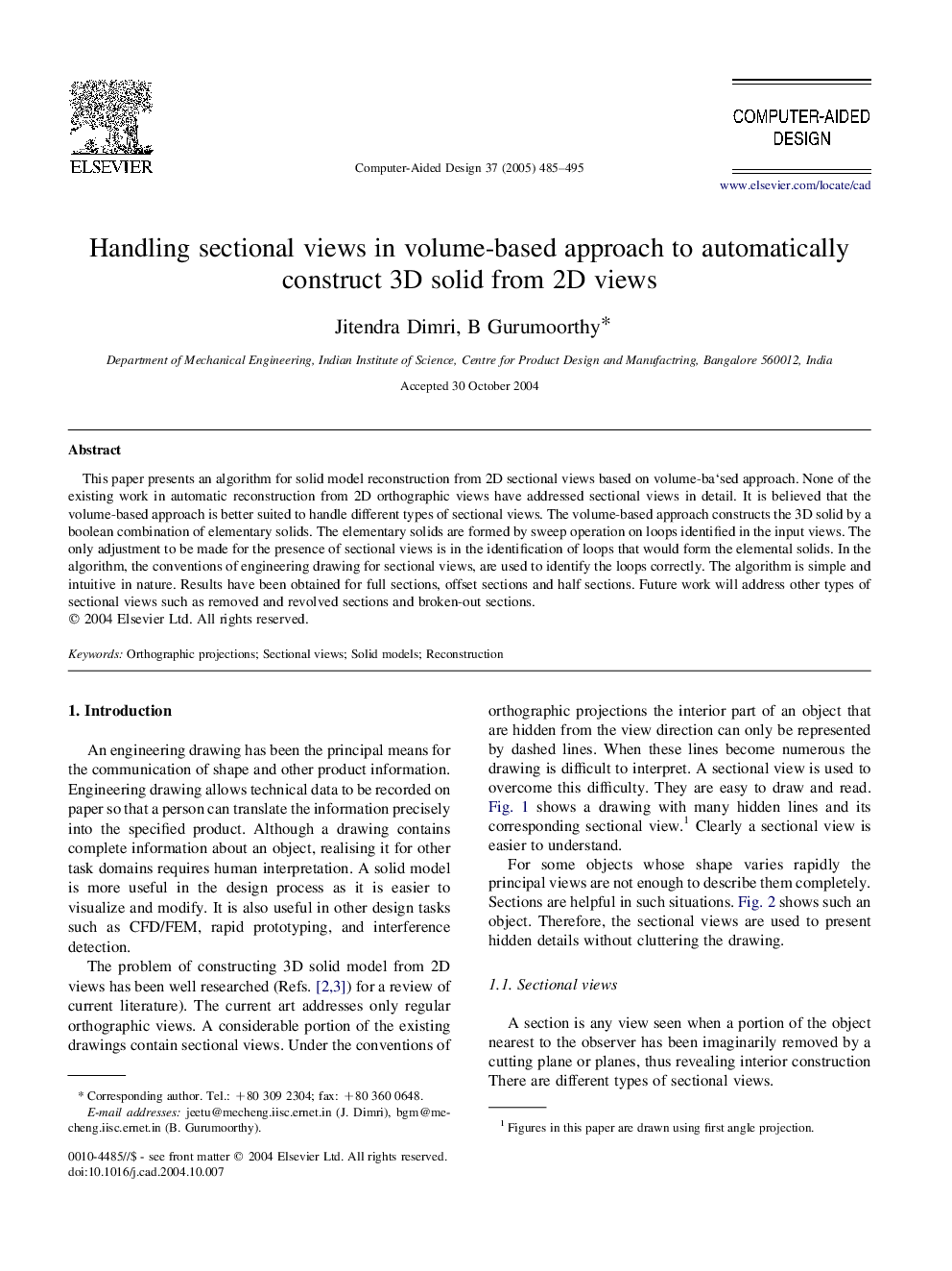 Handling sectional views in volume-based approach to automatically construct 3D solid from 2D views