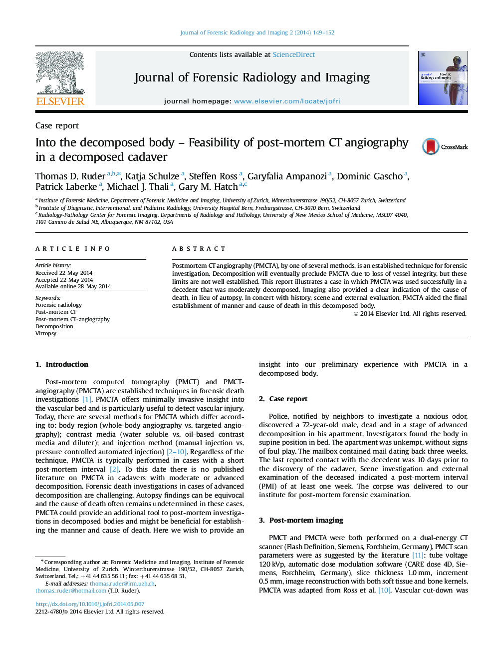 Into the decomposed body – Feasibility of post-mortem CT angiography in a decomposed cadaver