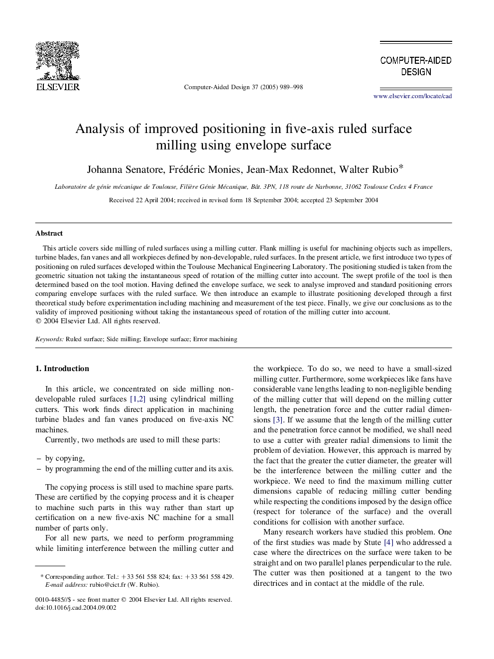 Analysis of improved positioning in five-axis ruled surface milling using envelope surface