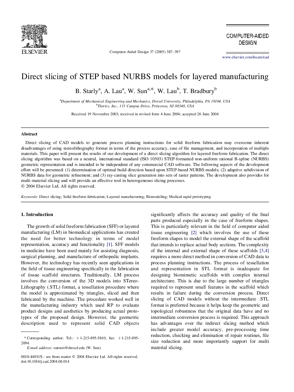 Direct slicing of STEP based NURBS models for layered manufacturing