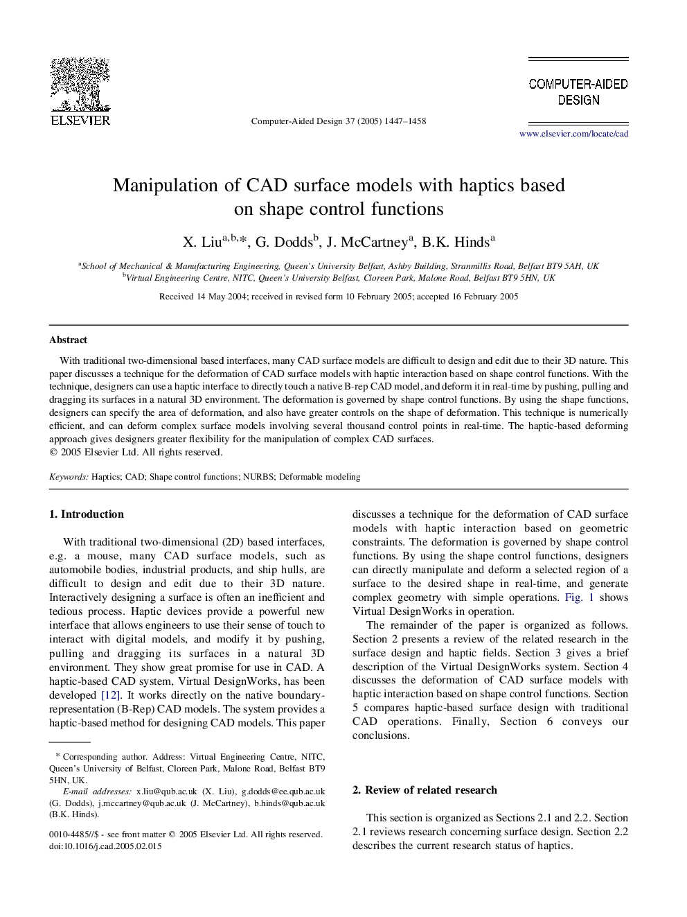 Manipulation of CAD surface models with haptics based on shape control functions