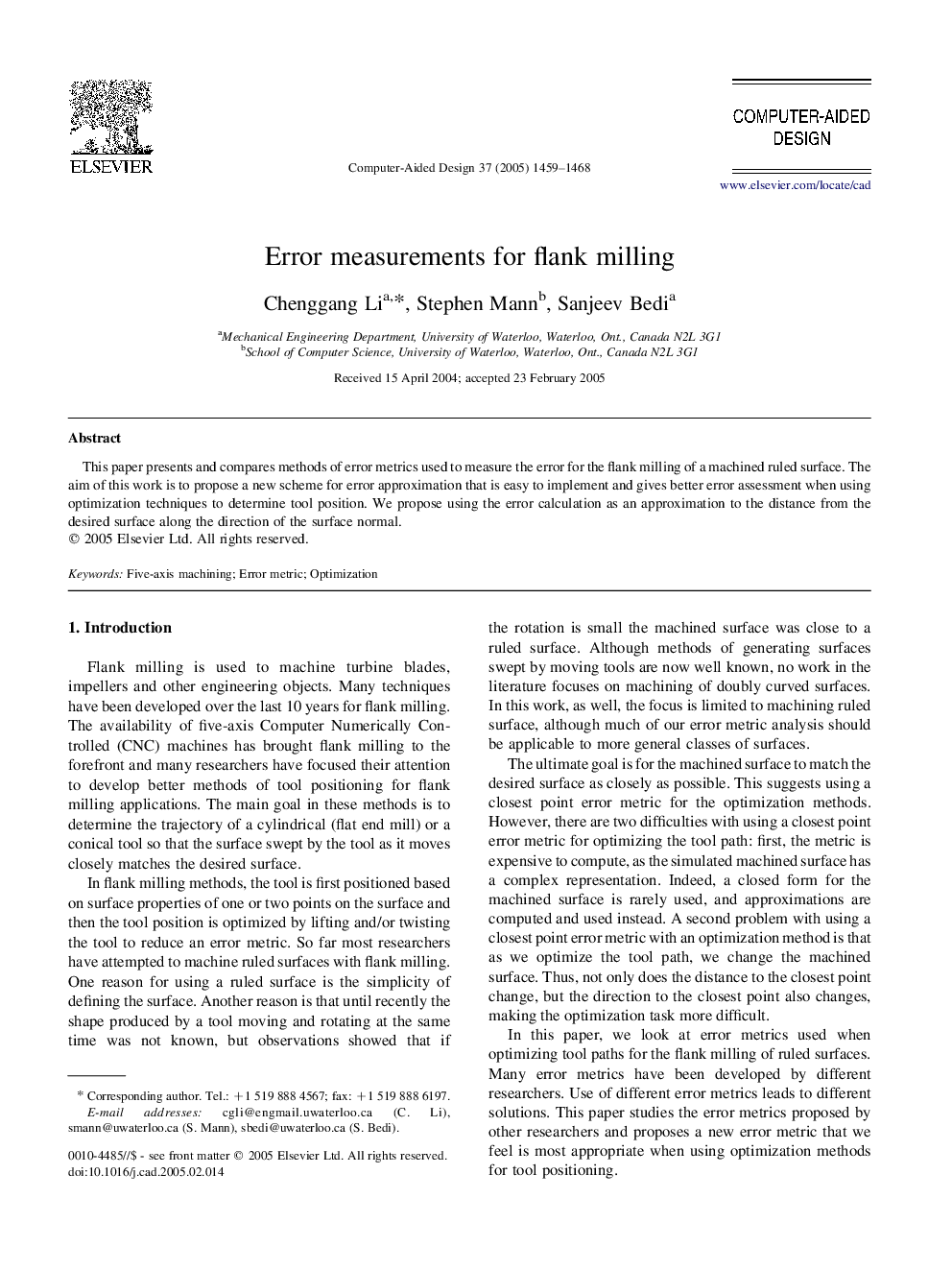 Error measurements for flank milling