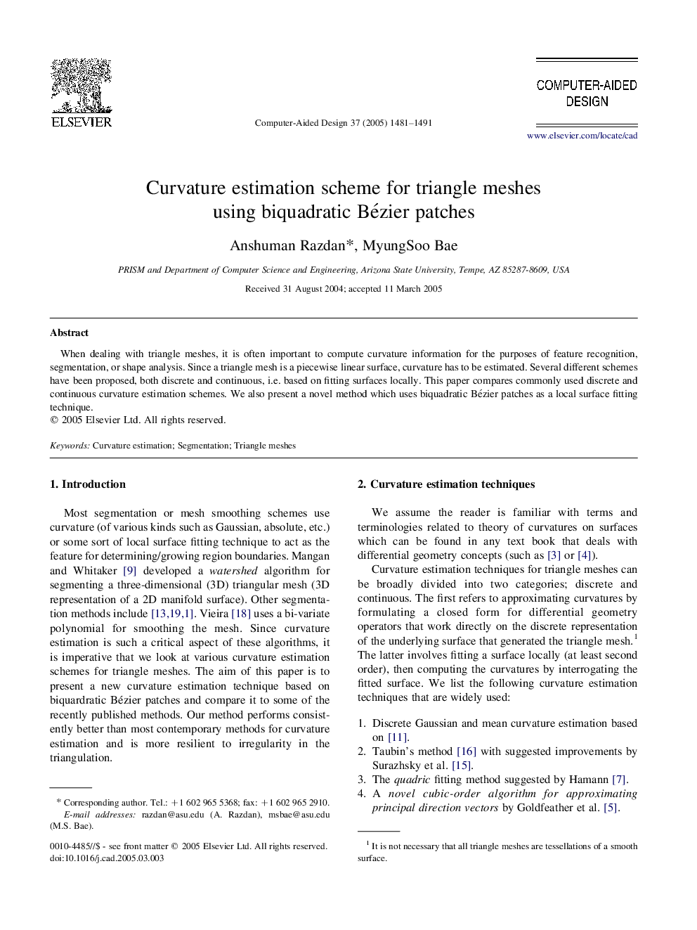 Curvature estimation scheme for triangle meshes using biquadratic Bézier patches