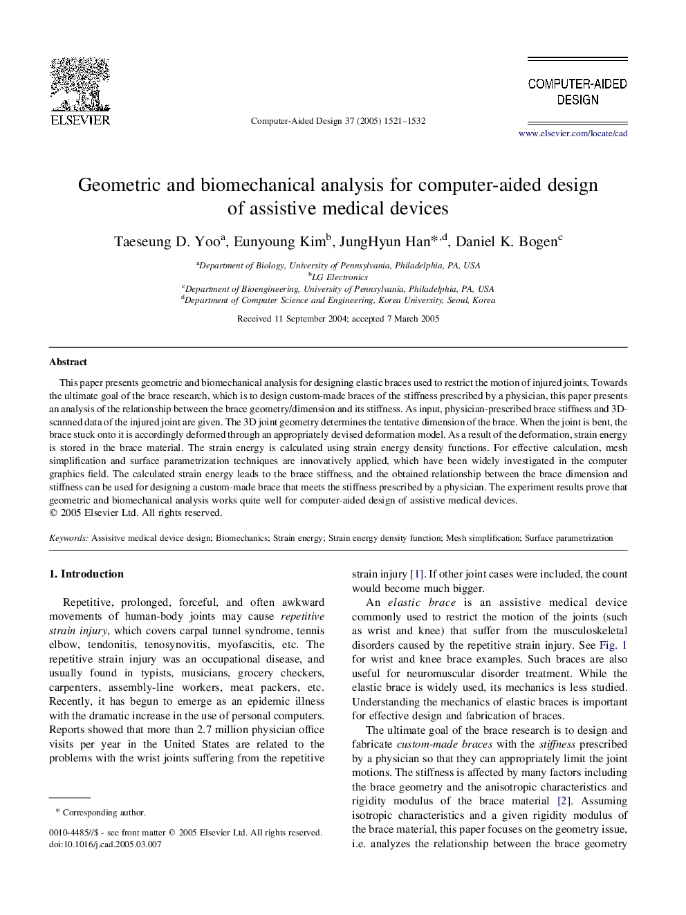 Geometric and biomechanical analysis for computer-aided design of assistive medical devices