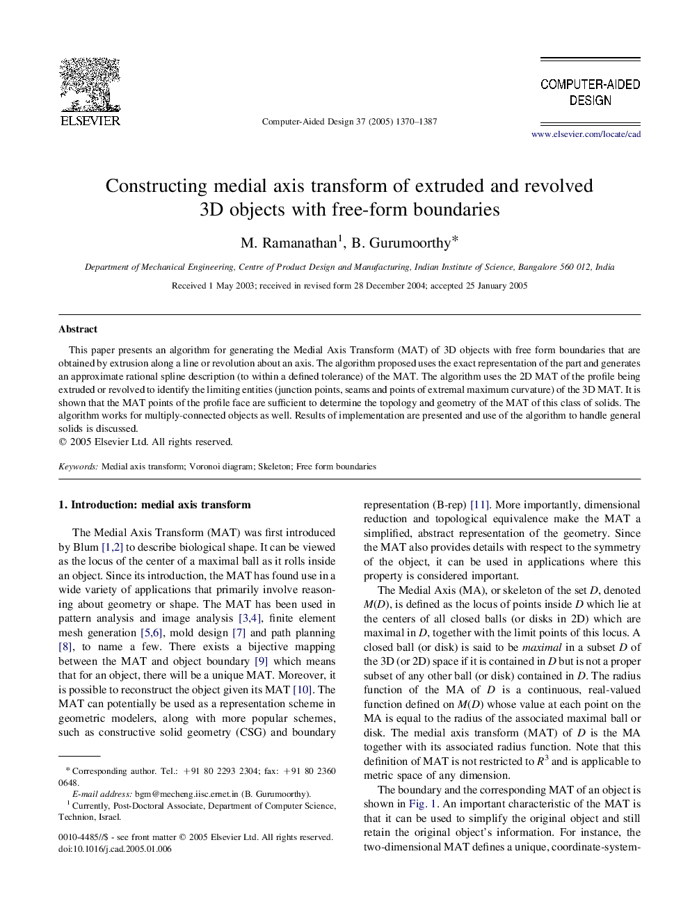 Constructing medial axis transform of extruded and revolved 3D objects with free-form boundaries