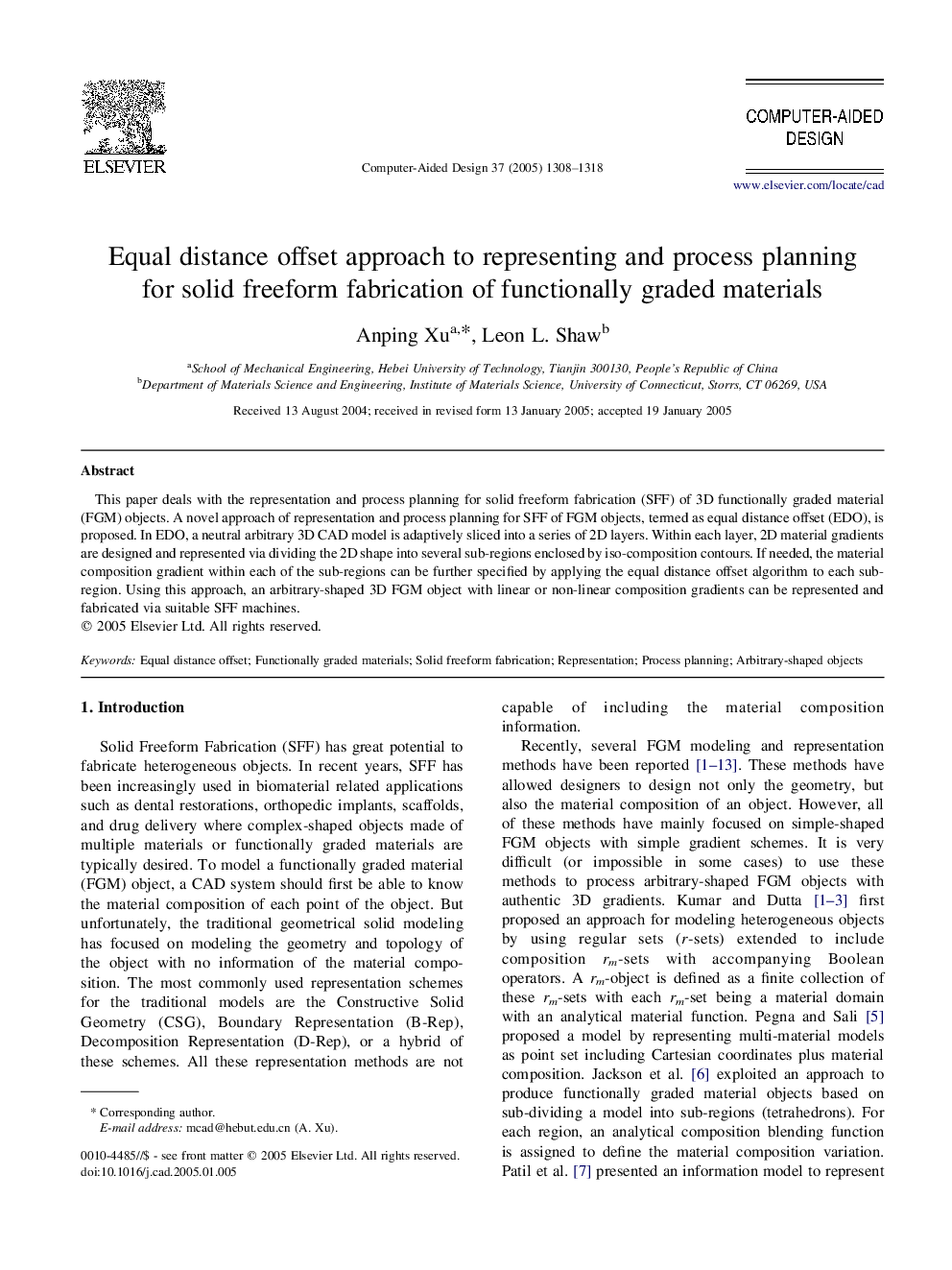 Equal distance offset approach to representing and process planning for solid freeform fabrication of functionally graded materials