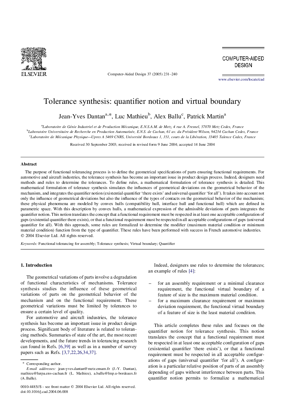 Tolerance synthesis: quantifier notion and virtual boundary