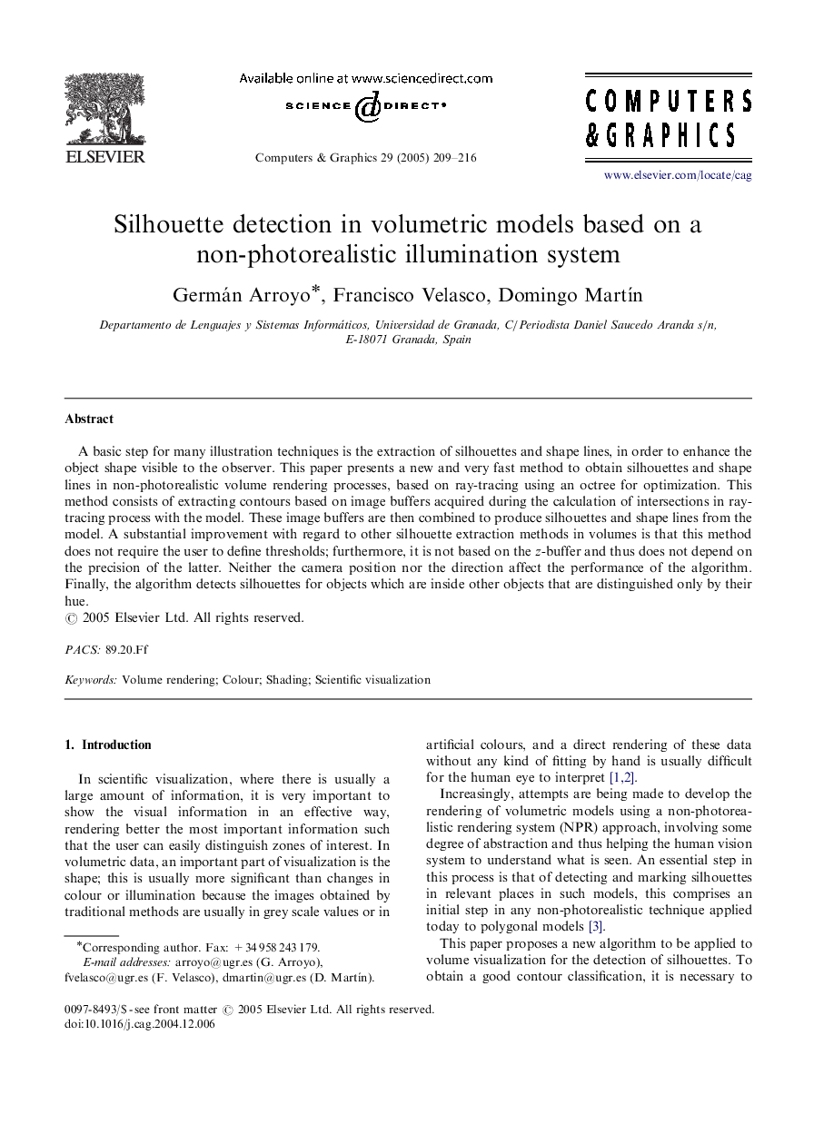 Silhouette detection in volumetric models based on a non-photorealistic illumination system