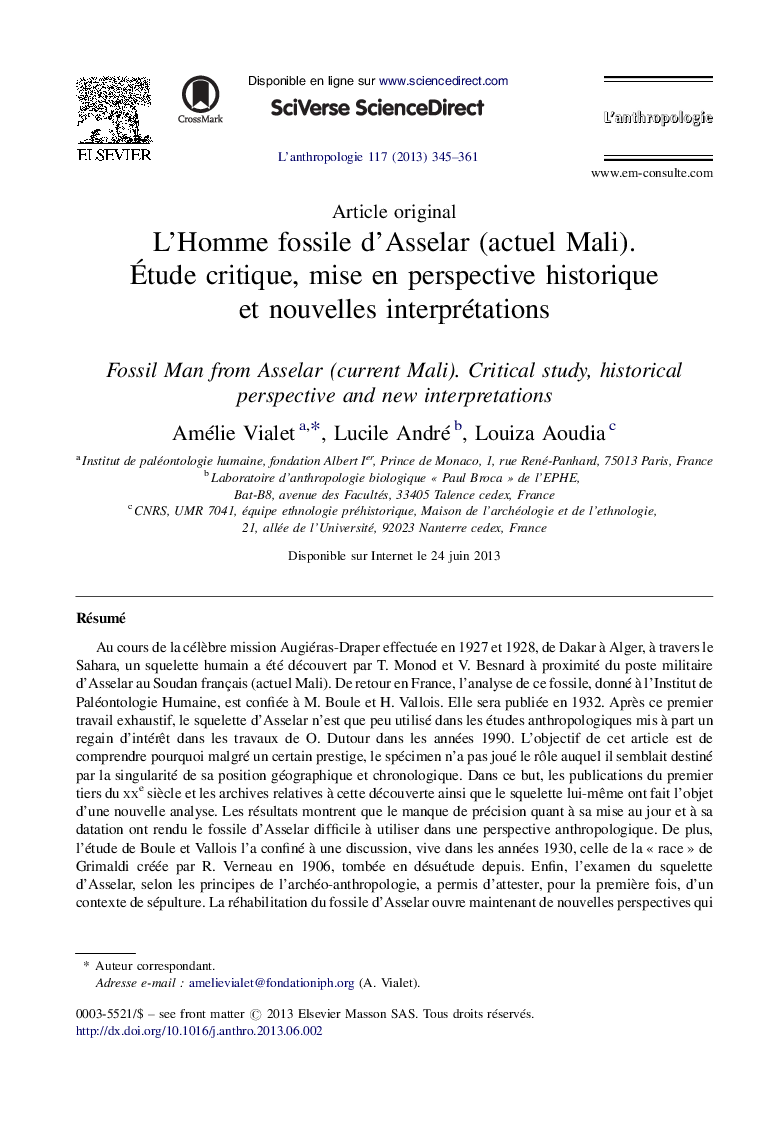 L’Homme fossile d’Asselar (actuel Mali). Étude critique, mise en perspective historique et nouvelles interprétations