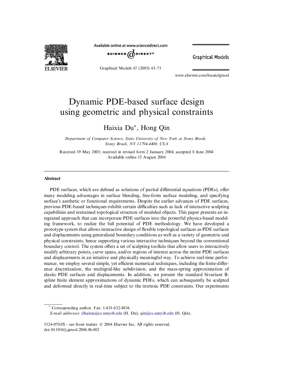 Dynamic PDE-based surface design using geometric and physical constraints