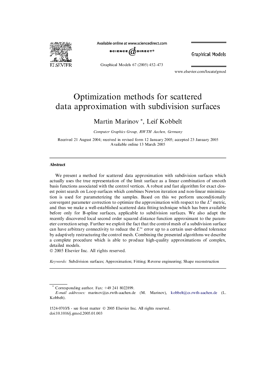 Optimization methods for scattered data approximation with subdivision surfaces