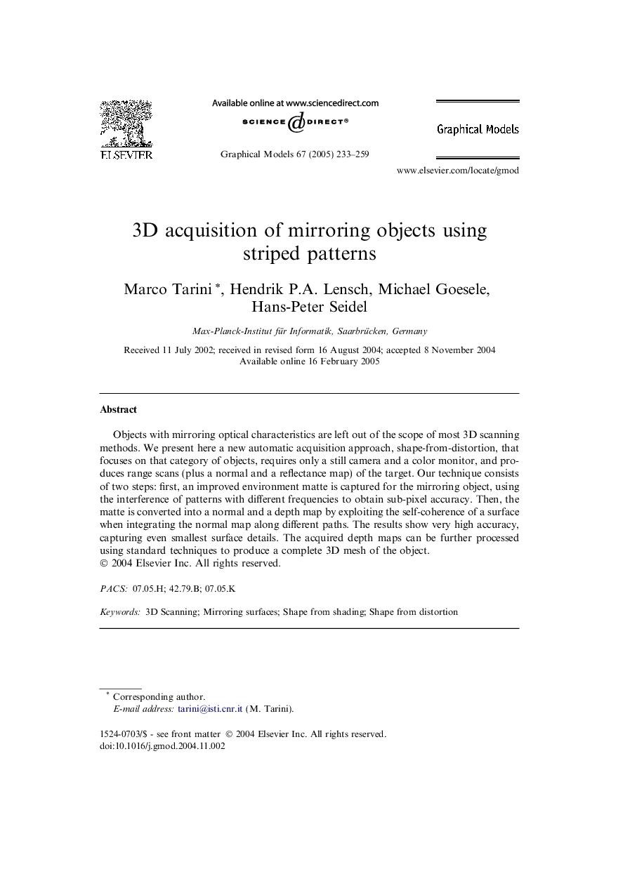 3D acquisition of mirroring objects using striped patterns