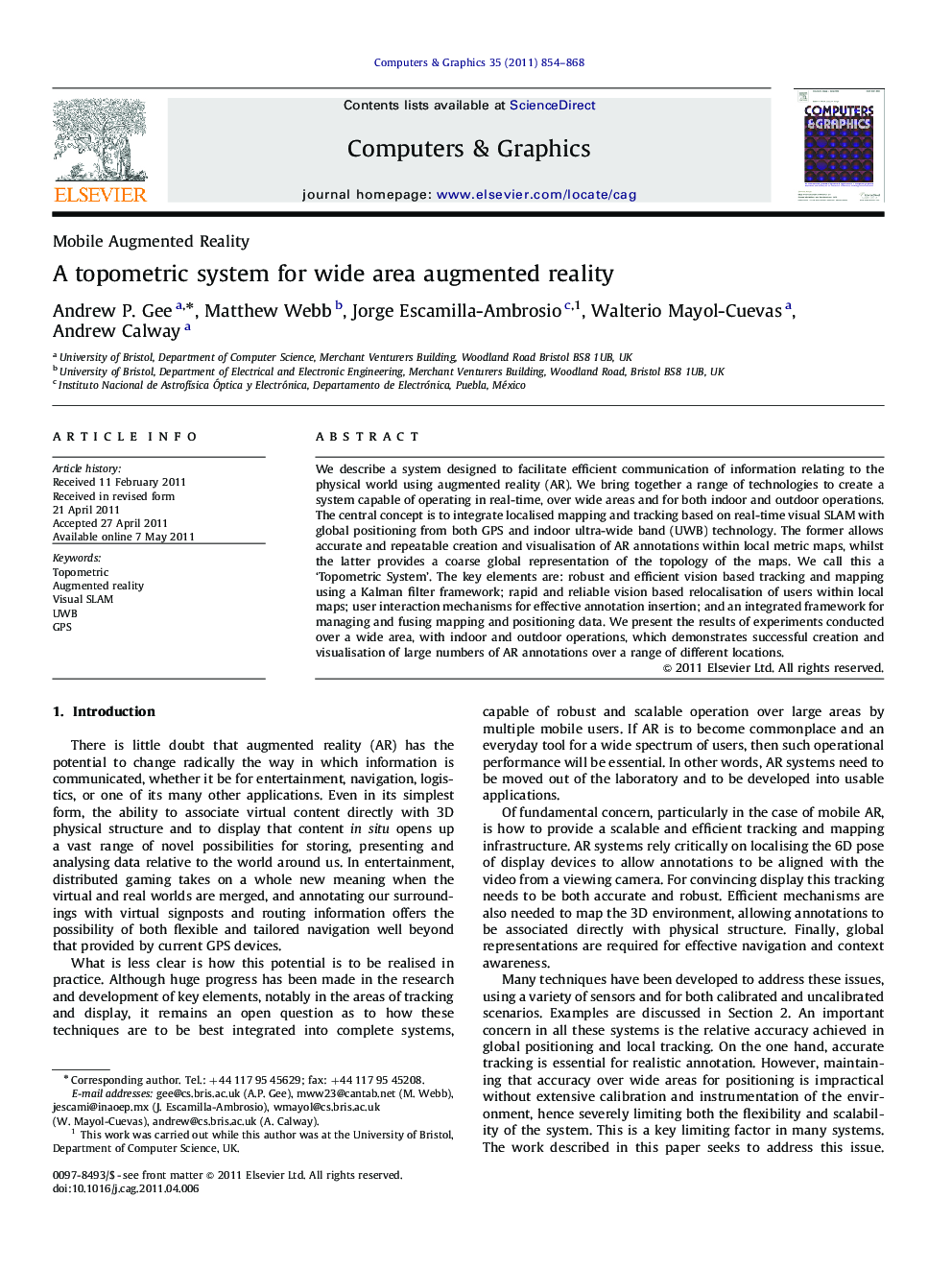 A topometric system for wide area augmented reality