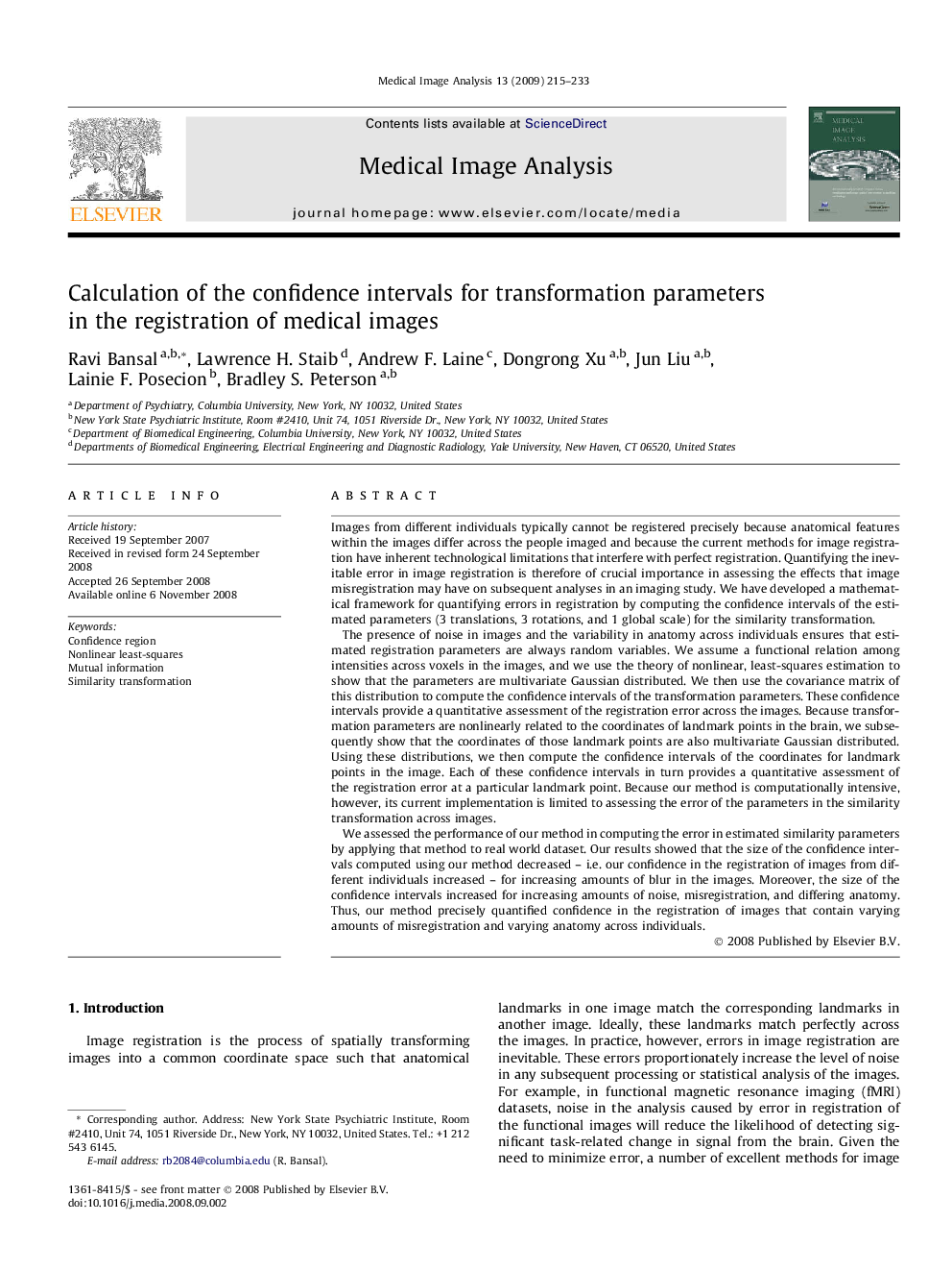 Calculation of the confidence intervals for transformation parameters in the registration of medical images