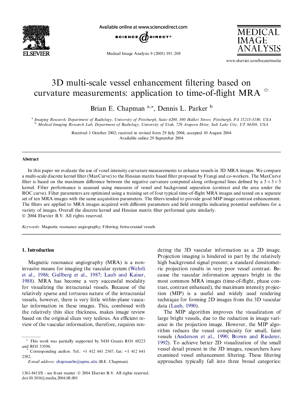 3D multi-scale vessel enhancement filtering based on curvature measurements: application to time-of-flight MRA