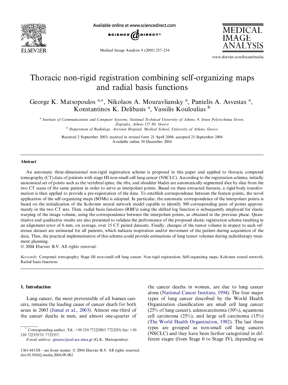 Thoracic non-rigid registration combining self-organizing maps and radial basis functions