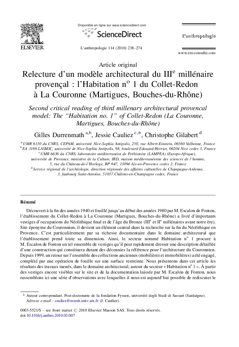 Relecture d'un modÃ¨le architectural du IIIe millénaire provençalÂ : l'Habitation noÂ 1Â du Collet-Redon Ã  La Couronne (Martigues, Bouches-du-RhÃ´ne)