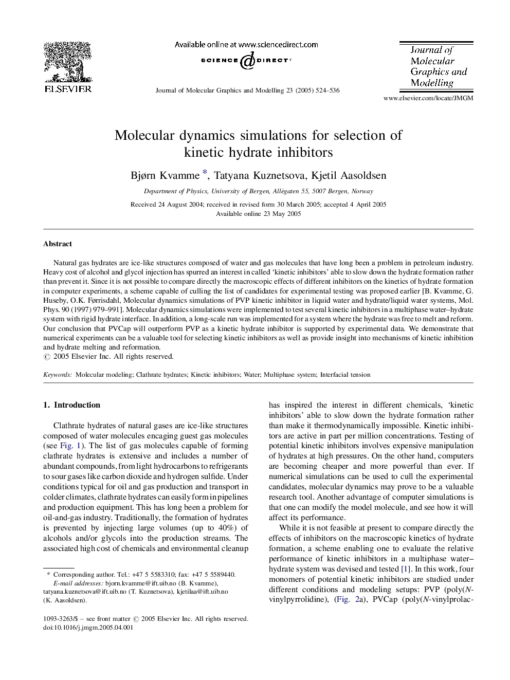 Molecular dynamics simulations for selection of kinetic hydrate inhibitors