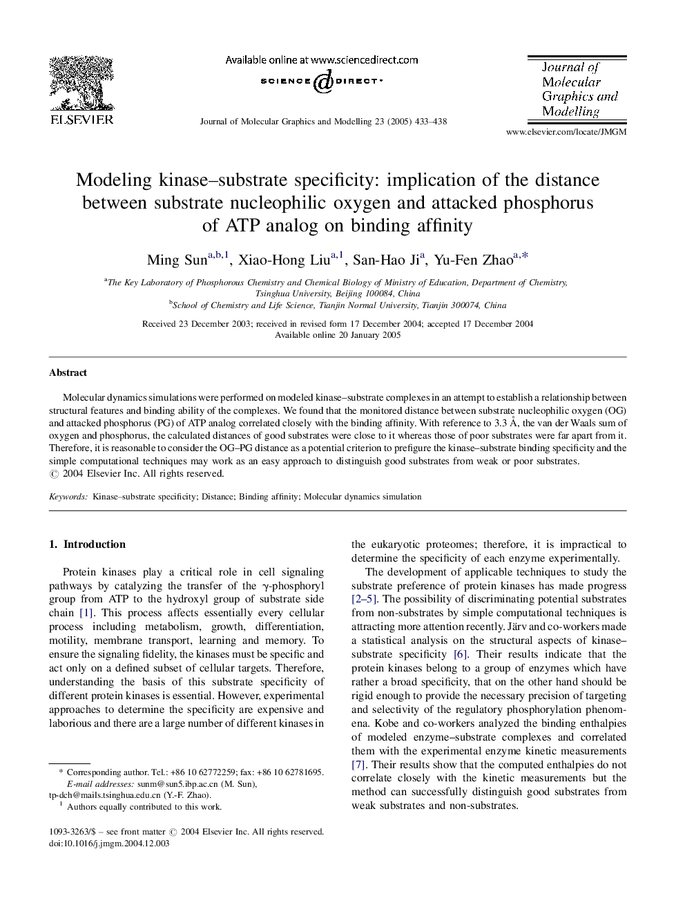 Modeling kinase-substrate specificity: implication of the distance between substrate nucleophilic oxygen and attacked phosphorus of ATP analog on binding affinity