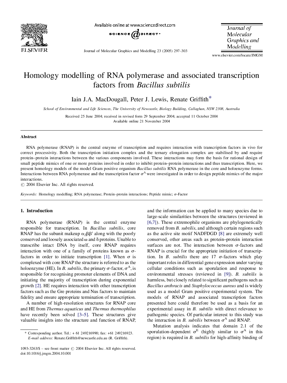 Homology modelling of RNA polymerase and associated transcription factors from Bacillus subtilis