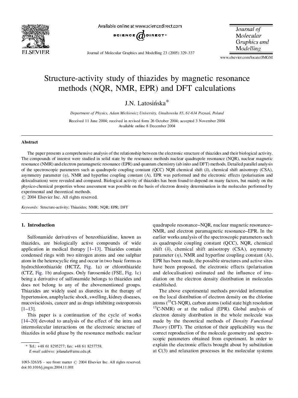 Structure-activity study of thiazides by magnetic resonance methods (NQR, NMR, EPR) and DFT calculations