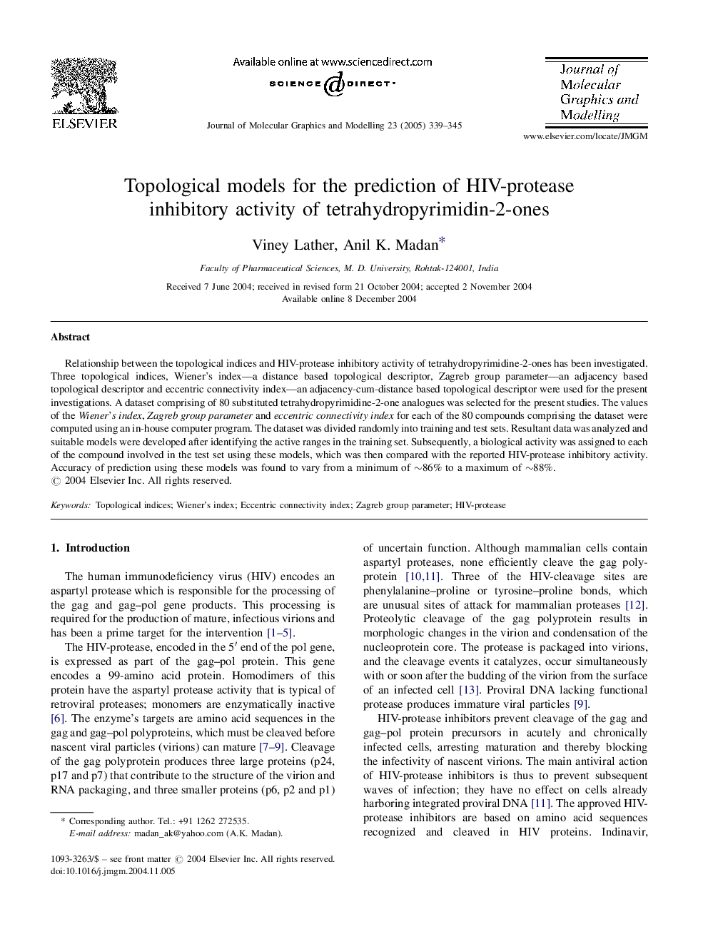 Topological models for the prediction of HIV-protease inhibitory activity of tetrahydropyrimidin-2-ones