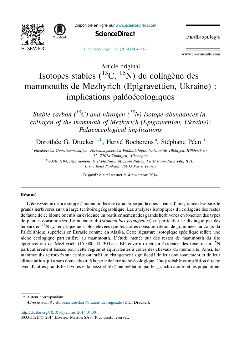 Isotopes stables (13C, 15N) du collagène des mammouths de Mezhyrich (Epigravettien, Ukraine) : implications paléoécologiques
