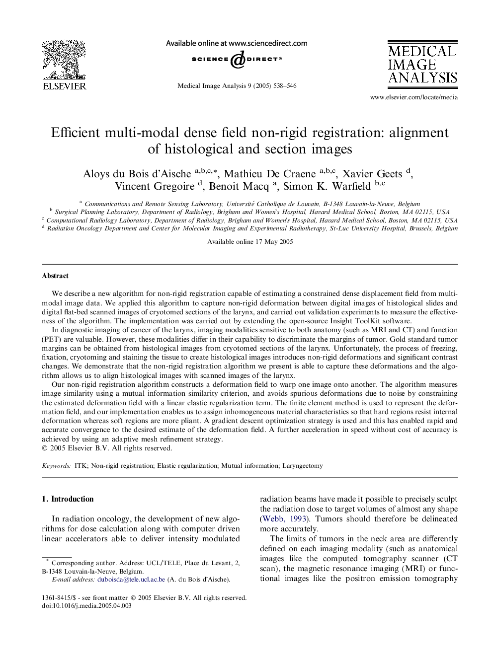 Efficient multi-modal dense field non-rigid registration: alignment of histological and section images