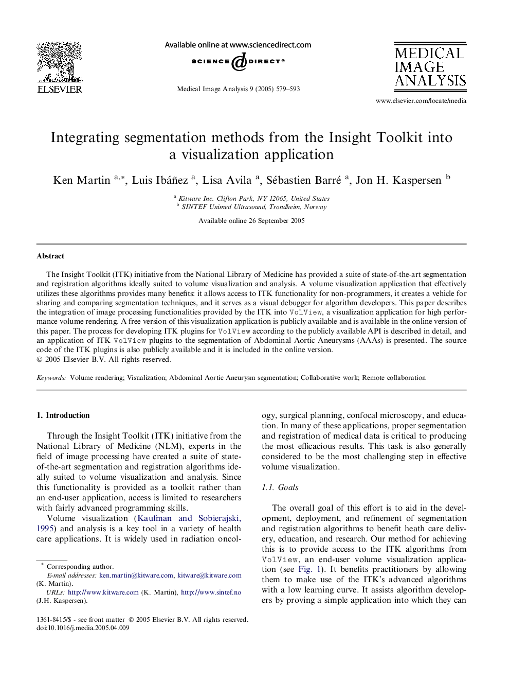 Integrating segmentation methods from the Insight Toolkit into a visualization application