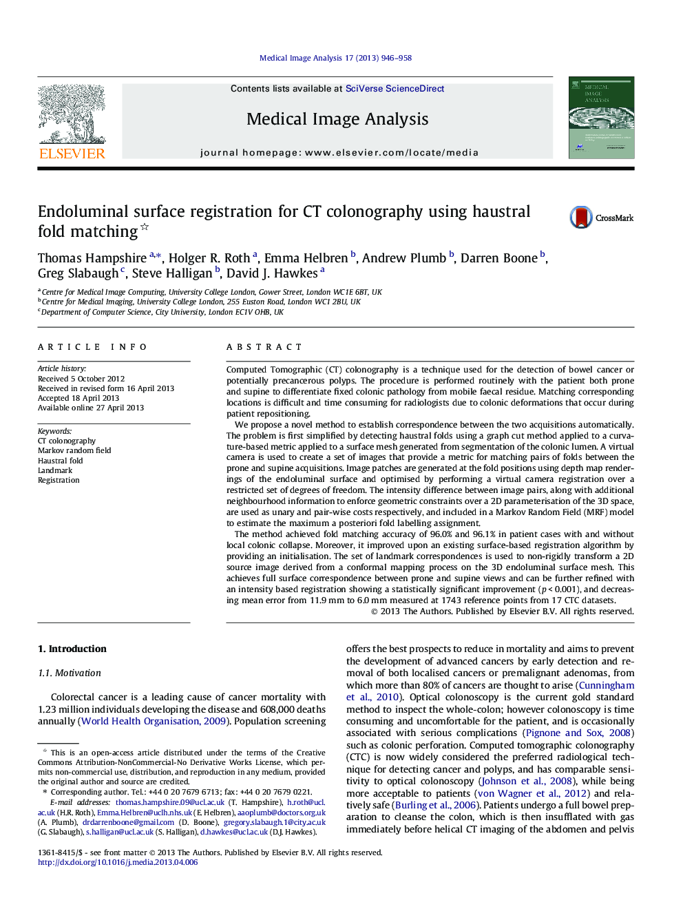 Endoluminal surface registration for CT colonography using haustral fold matching